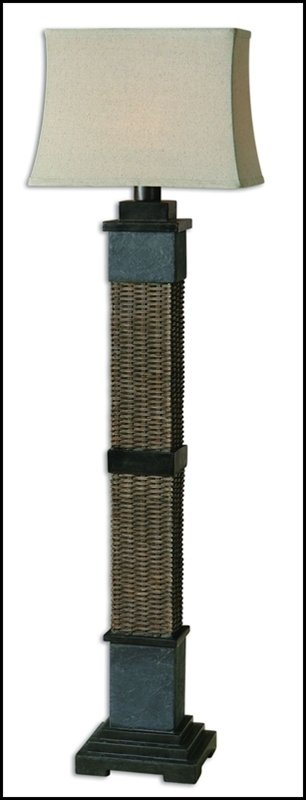 LAVACA RATTAN FLOOR LAMP: Lavaca Rattan Floor Lamp - Voltage: 110 - Material: SLATE, RESIN,FABRIC - Overall Depth: 17 Inches - Overall Width: 10 Inches - Overall Height: 59.5 Inches - Weight: 42 Lbs. - Description: Distressed