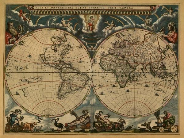 JOHANNES BLAEU - NEW & ACCURATE MAP OF THE WORLD: Johannes Blaeu - New & Accurate Map Of The World - 36 X 27 In. - Gallery Stretched The Piece Of Art Is Ready To Hang Or Lean Against A Wall, Or Display On An Easel. - A Giclée Print Is The Highest Qu