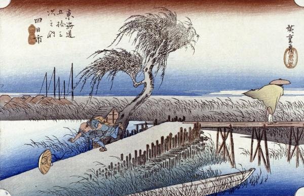 HIROSHIGE - MIE RIVER NEAR YOKKAICHI: Hiroshige - Mie River Near Yokkaichi - 36 X 23 1/4 In. - Gallery Stretched The Piece Of Art Is Ready To Hang Or Lean Against A Wall, Or Display On An Easel. - A Giclée Print Is The Highest Quality Pr