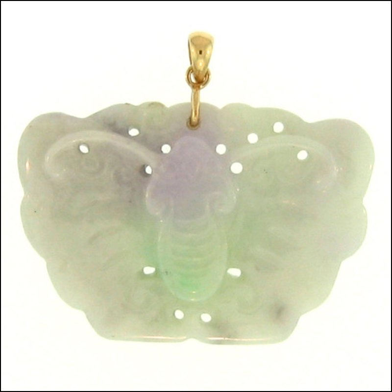 NATURAL LAVENDER MIX JADE PENDANT: This Is A-one-of-a-kind - Natural Lavender Mix Jade Pendant - Metal: Yellow Gold Karat: 14k Stone Size: ~38x26mm Details: Butterfly Carving - This Is Guaranteed Grade A Jade (jadeite)
