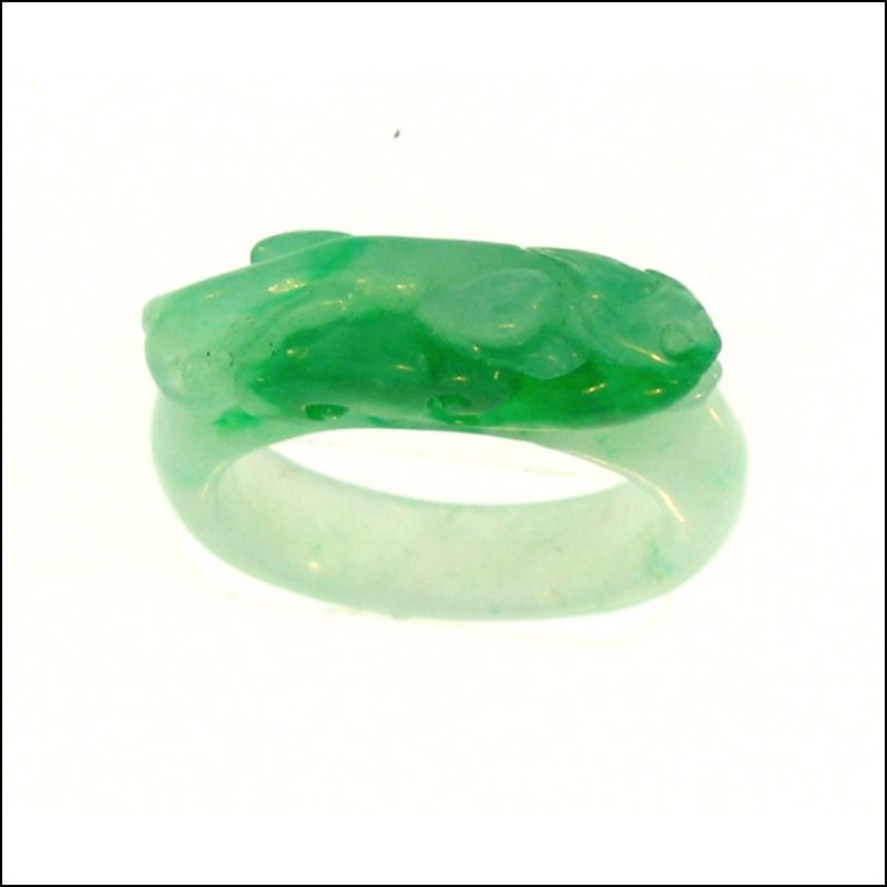NATURAL GREEN JADE RING: This Is A-one-of-a-kind - Natural Green Jade Ring - Metal: N/a Karat: N/a Stone Size: 22x6mm Details: Ring Size 5+ Rabbit Carving - This Is Guaranteed Grade A Jade (jadeite)