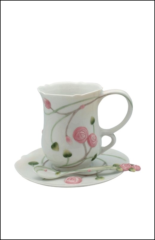 ROSE COFFEE CUP SET WITH SPOON: Rose - Coffee Cup Set With Spoon - Material - Fine Porcelain - Size - (l) 5 1/4