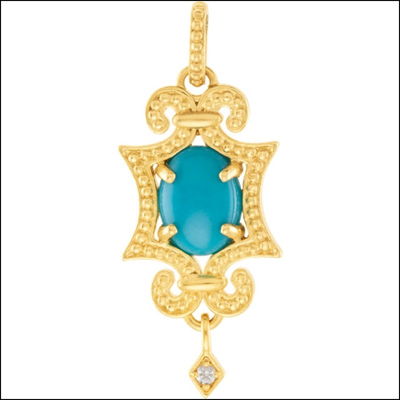 GRANULATED DESIGN DANGLE PENDANT OR NECKLACE: GRANULATED DESIGN DANGLE PENDANT OR NECKLACE - 14Kw / Complete With Stones / 18.00 Inch / Turquoise & Diamond / P / Granulated Necklace - Weight: 2.17DWT - GramWeight: 3.37