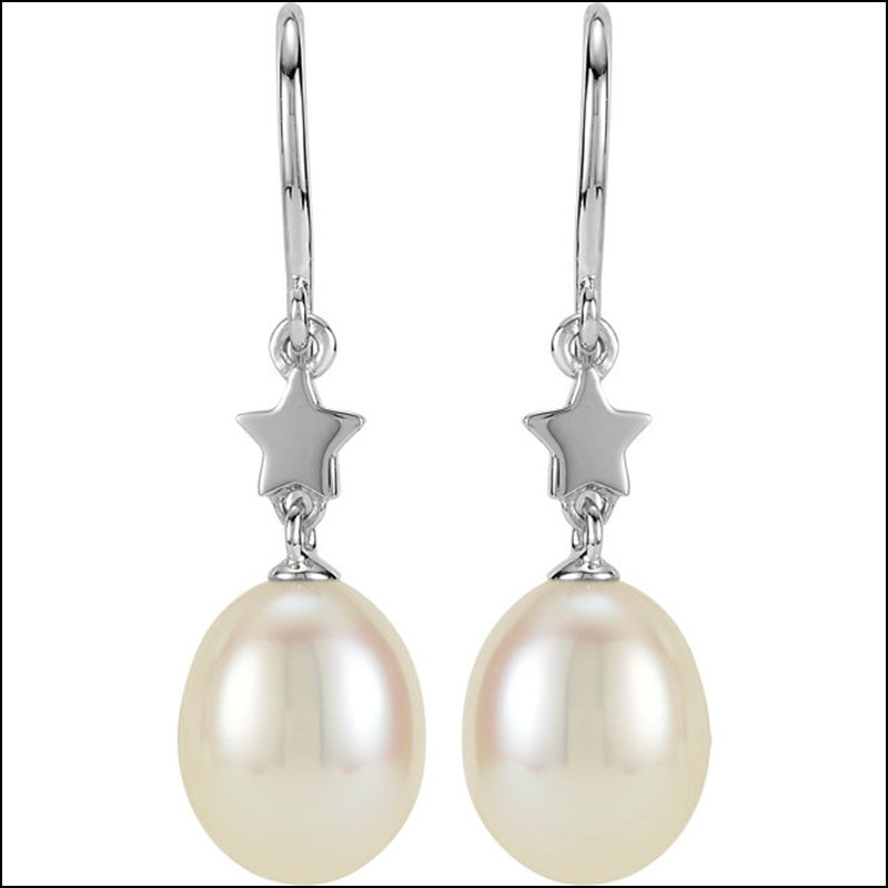 PEARL STAR DANGLE EARRINGS: PEARL STAR DANGLE EARRINGS - 14K White / Earrings / Complete With Stone / None / Drop / 06.50 Mm / Pearl / Polished / Freshwater Cult Prl Earrings - Weight: 0.45DWT - GramWeight: 0.7