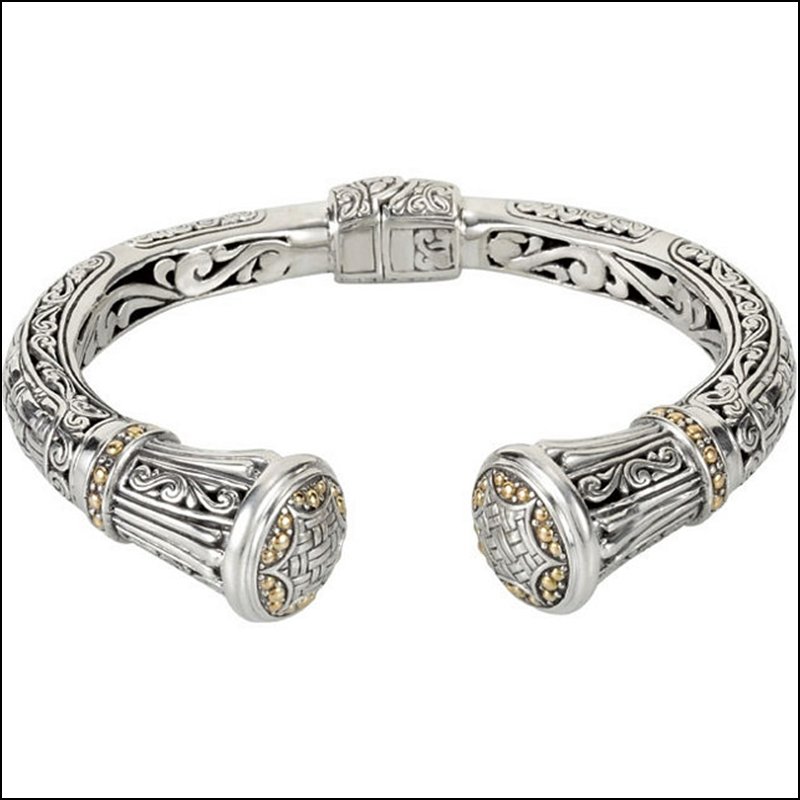 TWO-TONE DESIGN FASHION HINGED CUFF BRACELET: TWO-TONE DESIGN FASHION HINGED CUFF BRACELET - Ster_18Ky / 07.80 Mm / P / Ster/18Ky Hinged Cuff Brc - Weight: 23.54DWT - GramWeight: 36.61