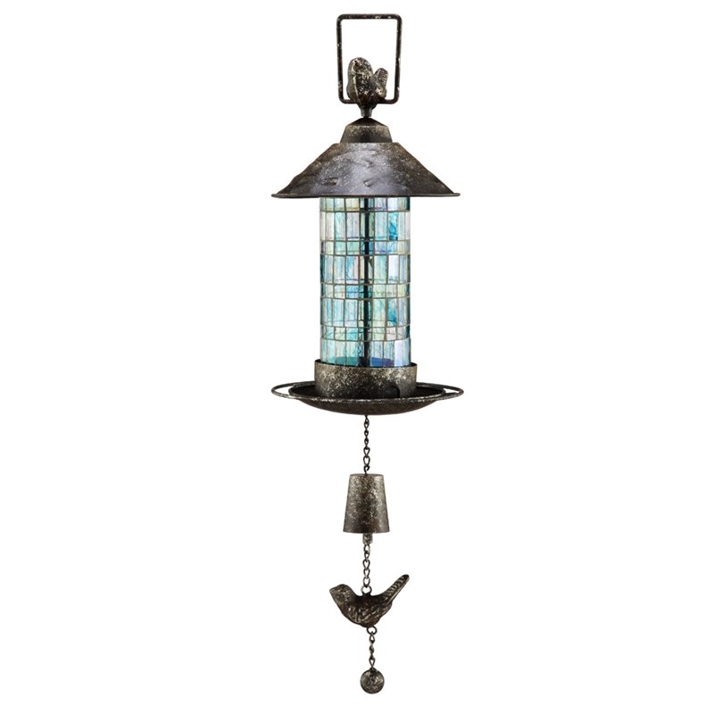 BLUE GLASS BIRDFEEDER WITH BIR: Blue Glass Birdfeeder with Bir - Weight: 2.3 Lbs - Size: 20"H 6.5"D - Material: GLASS