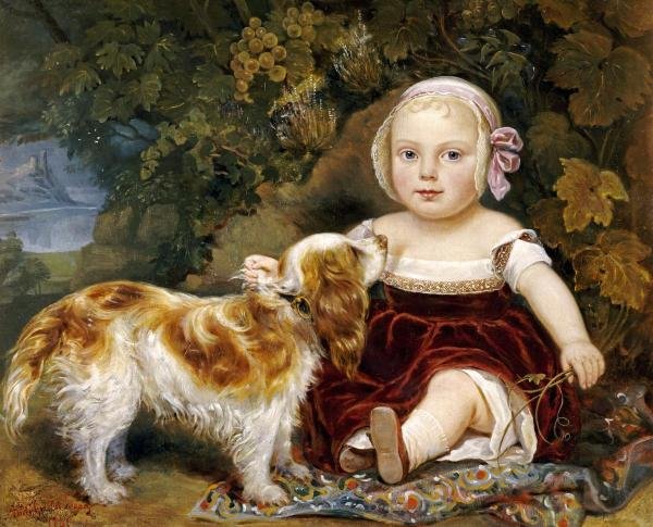 AMILA GUILLOT-SAGUEZ - A YOUNG CHILD WITH A SPANIEL: Amila Guillot-saguez - A Young Child With A Spaniel - 40 X 32 3/8 In. - Gallery Stretched The Piece Of Art Is Ready To Hang Or Lean Against A Wall, Or Display On An Easel. - A Giclée Print Is The Hig