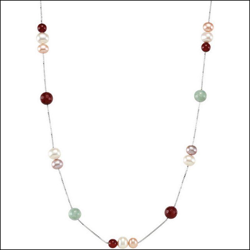 MULTI-COLOR FRESHWATER CULTURED PEARL, GENUINE JADE &: MULTI-COLOR FRESHWATER CULTURED PEARL, GENUINE JADE & RED AGATE 36" NECKLACE - Ster / 6Mm-7.5Mm 8Mm 6Mm 36 Inches / P / Freshwater Cul Multi Col Prl G - Weight: 2.93DWT - GramWeight: 4.56