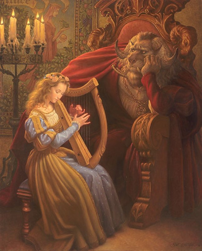 BEAUTY AND THE BEAST - SCOTT GUSTAFSON: Beauty And The Beast - Scott Gustafson - Hand Signed - Limited Edition Canvas - Image Size: 17"w X 21"h. Edition Size:75 - Every evening the Beast comes to visit Beauty in her chamber, to talk with he