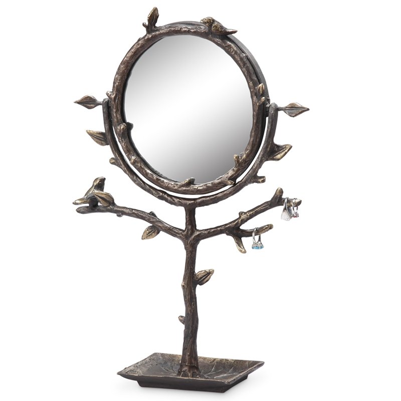 BIRD & BRANCH TABLE MIRROR & J: Bird & Branch Table Mirror & J - Weight: 3.65 Lbs - Size: 17"H 11.5"W 4"D - Material: CAST IRON
