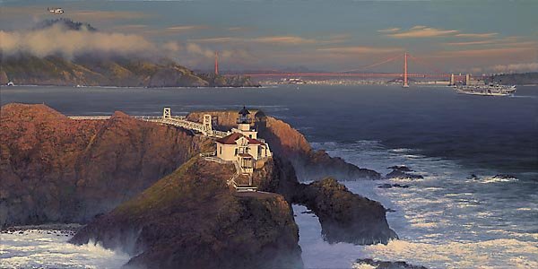 POINT BONITA:LAST LIGHT - WILLIAM S. PHILLIPS: Point Bonita:last Light - William S. Phillips - Hand Signed - Limited Edition Print - Image Size: 33 1/2"w X 16 3/4"h. Edition Size:950 - Distinguished by its gleaming white suspension bridge and capt