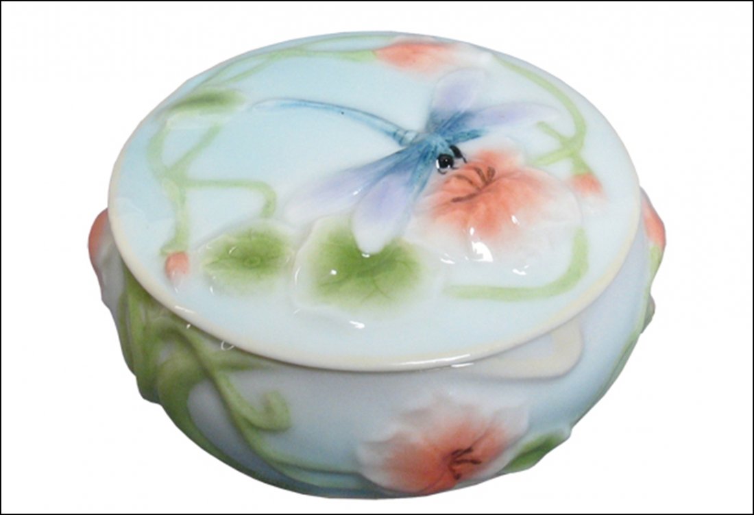 DRAGONFLY & POPPY TRINKET BOX: Dragonfly & Poppy Trinket Box - Material - Fine Porcelain - Size - (l) 2 5/8