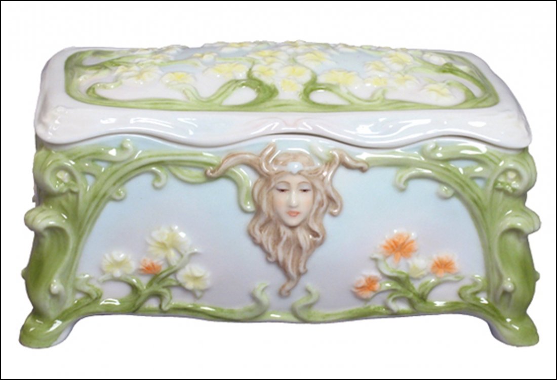 LADY FACE WITH ORCHID TRINKET BOX: Lady Face With Orchid Trinket Box - Material - Fine Porcelain - Size - (l) 6 1/4