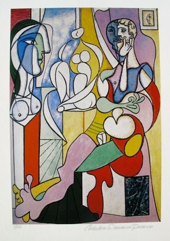 Pablo Picasso ARTIST WITH SCULPTURE Estate Signed: This is a PABLO PICASSO giclee titled "ARTIST WITH SCULPTURE". This piece is hand pencil signed on the lower right as 'Collection Domaine Picasso' and has an embossed seal stamped by the Picasso Estat