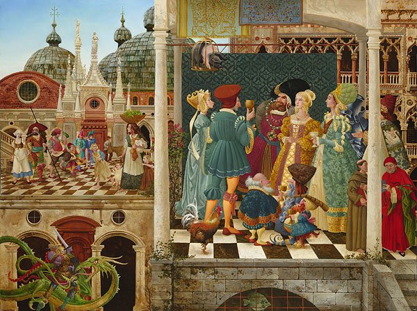 MICHAEL THE ARCHANGEL BATTLES THE DRAGON WHILE ALMOST: Michael The Archangel Battles The Dragon While Almost Nobody Pays Any Attention - James C. Christensen - Hand Signed - Limited Edition Print - Image Size: 24"w X 18"h. Edition Size:450 - The confronta