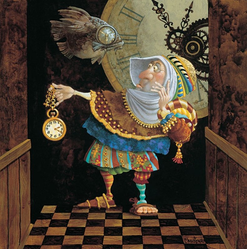 TEMPUS FUGIT - JAMES C. CHRISTENSEN: Tempus Fugit - James C. Christensen - Hand Signed - Canvas - Edition Image Size: 9"w X 9"h. Edition Size:450 - “This is the look on my face,” says artist James C. Christensen, “when I glance up 