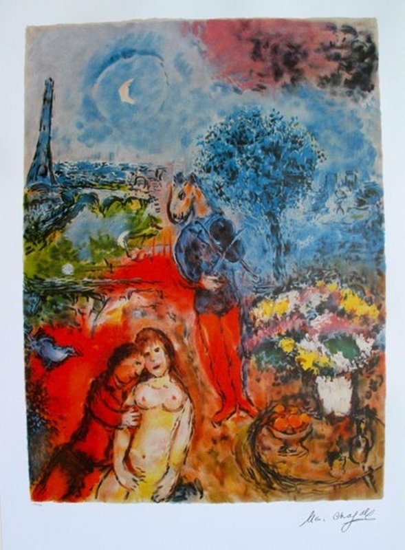 Marc Chagall EIFFEL TOWER SERENADE Limited Ed.: This is a Marc Chagall first edition lithograph titled "EIFFEL TOWER SERENADE". This is facsimile signed and pencil numbered from a limited edition of 500. Image measures 28" x 20½" on 35" x 24½" pa