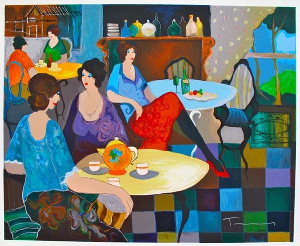Itzchak Tarkay AFTERNOON TEA Hand Signed Limited Ed.: This is a limited edition hand signed serigraph by Itzchak Tarkay titled "AFTERNOON TEA". Medium: Serigraph on White Coventry Paper Hand Signed and Numbered by the artist. Edition number: 152/199. Pap