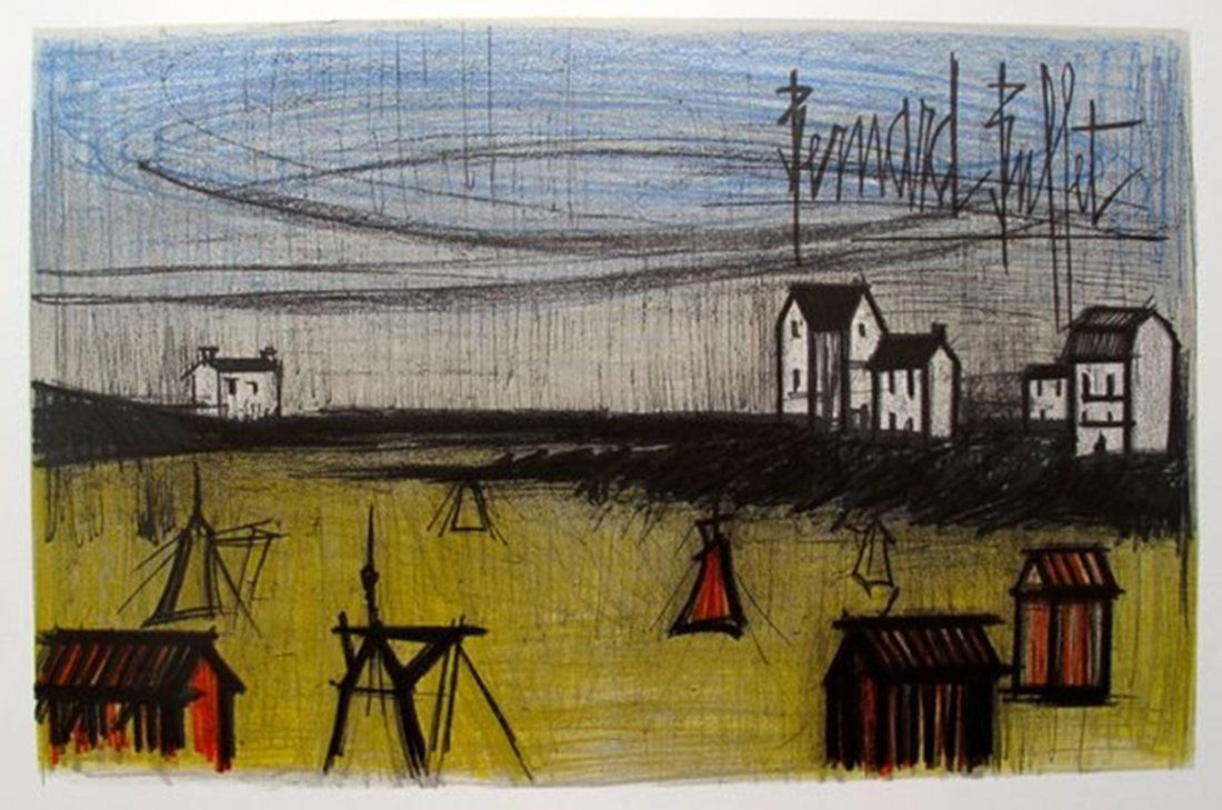 Bernard Buffet ON THE BEACH Limited Ed. Plate Signed: This is a Bernard Buffet plate signed lithograph titled "ON THE BEACH". This is a beautiful art piece measuring 13½" x 20½". Numbered from a limited edition of 100. Comes with a certificate of authe