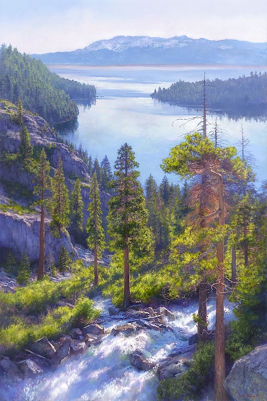 CASCADE OF LIGHT, EMERALD BAY, LAKE TAHOE - JUNE CAREY: Cascade Of Light, Emerald Bay, Lake Tahoe - June Carey - Hand Signed - Limited Edition Canvas - Image Size: 24"w X 36"h. Edition Size:125 - “I loved the challenge of creating something so large and