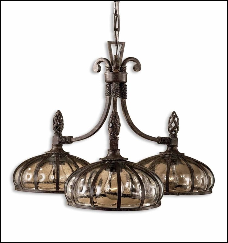 GALEANA 3 LIGHT IRON CHANDELIER: Galeana 3 Light Iron Chandelier - Voltage: 110 - Material: Metal & Glass - Overall Depth: Inches - Overall Width: Inches - Overall Height: 19 Inches - Weight: 24 Lbs. - Diameter: 28 Inches - Descripti