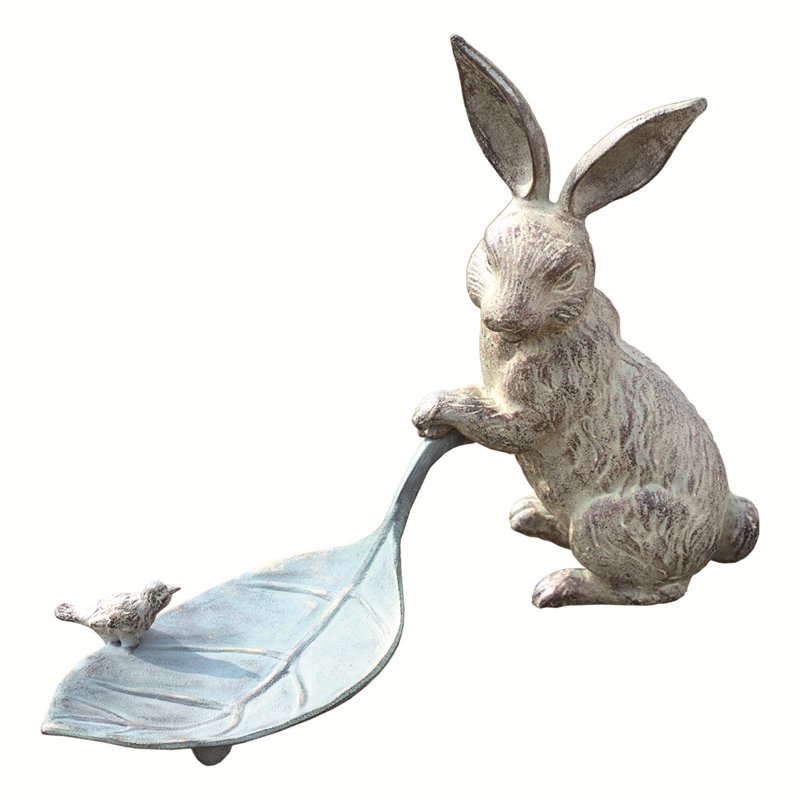 RABBIT AND LEAF BIRD FEEDER: Rabbit and Leaf Bird Feeder - Weight: 5.50 Lbs - Size: 12.5"H 15"W 6"D - Material: IRON
