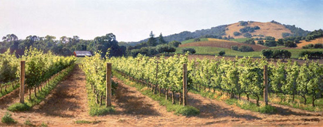 VINEYARD BEFORE THE HARVEST - JUNE CAREY: Vineyard Before The Harvest - June Carey - Hand Signed - Canvas Edition -image Size: 48"w X 19"h. Edition Size:45 - “This is how I remember wine country when I first discovered it,” recalls June C