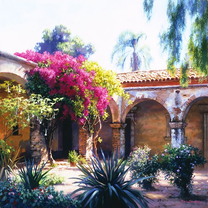 BOUGAINVILLEA - JUNE CAREY: Bougainvillea - June Carey - Canvas Edition Image Size: 37"w X 37"h. Edition Size:100 - Just after the turn of the century, Father St. John O'Sullivan became pastor of the Mission San Juan Capistrano.