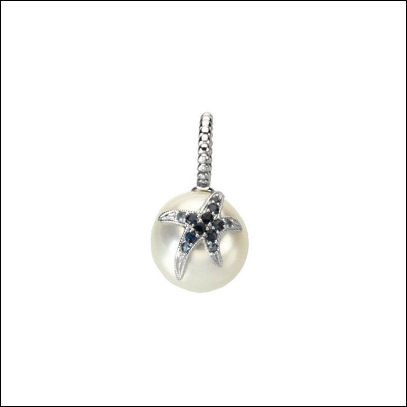 SOUTH SEA CULTURED PEARL WITH BLUE SAPPHIRE STARFISH: SOUTH SEA CULTURED PEARL WITH BLUE SAPPHIRE STARFISH - 14K White / 1.25Mm/1.5Mm / Polished / Gen Bl Sap Starfish Accent Prl - Weight: 0.31DWT - GramWeight: 0.48