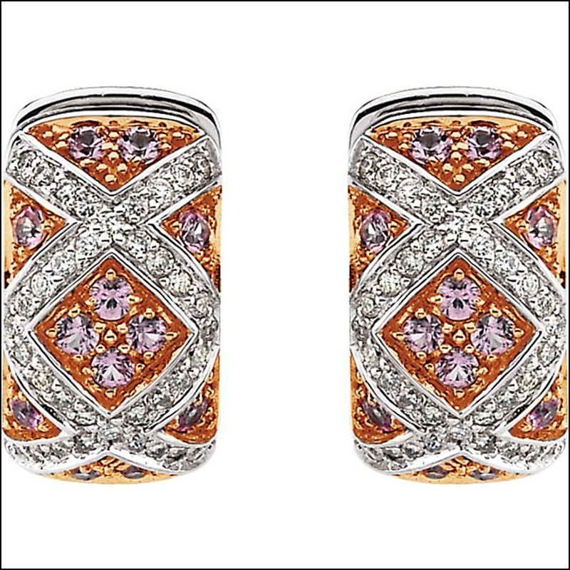 GENUINE PINK SAPPHIRE & DIAMOND EARRINGS: GENUINE PINK SAPPHIRE & DIAMOND EARRINGS - 14Kw / Pair / P / 14Kw/Rose Gold Plated Genuine - Weight: 6.33DWT - GramWeight: 9.84