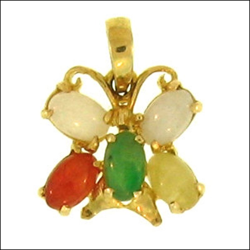 NATURAL MULTI-COLOR JADE PENDANT: This Is A-one-of-a-kind - Natural Multi-color Jade Pendant - Metal: Yellow Gold Karat: 14k Stone Size: 3x5mm Details: Butterfly - This Is Guaranteed Grade A Jade (jadeite)