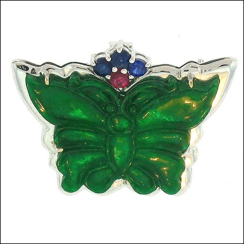 NATURAL GREEN JADE PIN: This Is A-one-of-a-kind - Natural Green Jade Pin - Metal: White Gold Karat: 18k Stone Size: ~24x14mm Details: Ruby Sapphires - This Is Guaranteed Grade A Jade (jadeite)