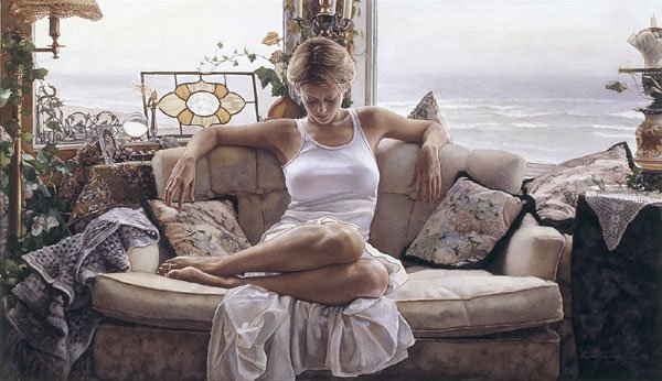 TO SEARCH WITHIN - STEVE HANKS: To Search Within - Steve Hanks - Hand Signed - Limited Edition Print - Image Size: 28"w X 16"h. Edition Size:1650 - The setting is Cannon Beach, Oregon. The woman is indoors, the window overlooking th