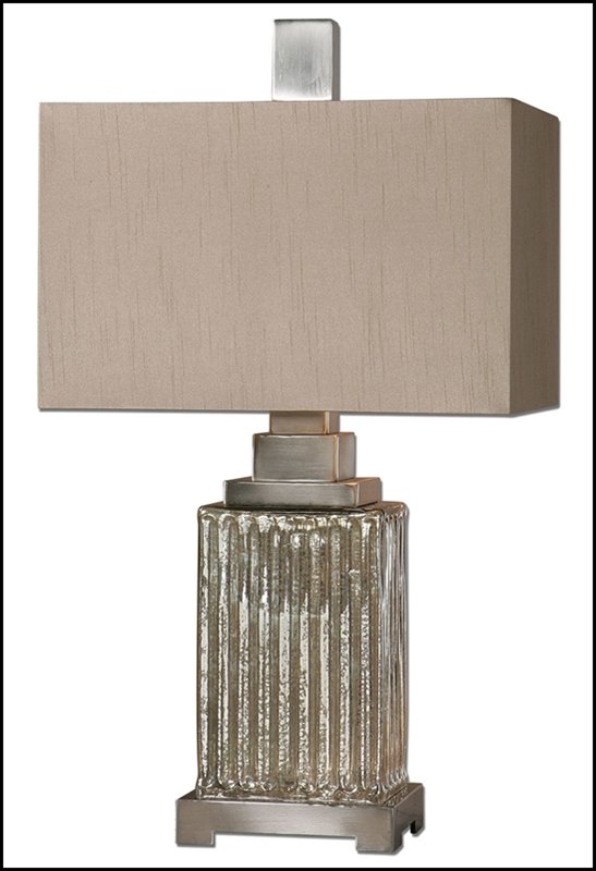 CANINO MERCURY GLASS TABLE LAMP: Canino Mercury Glass Table Lamp - Voltage: 110 - Material: METAL,GLASS, FABRIC - Overall Depth: 9.5 Inches - Overall Width: 16 Inches - Overall Height: 28 Inches - Weight: 10 Lbs. - Description: Ribbe