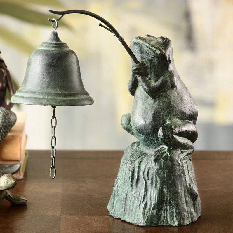 FROG FISHERMAN TABLE BELL: Frog Fisherman Table Bell - Weight: 6.20 Lbs - Size: 11"H 10"W 5.5"D - Material: CAST IRON
