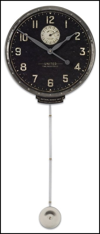 UNITED TIME 18" BLACK WALL CLOCK: United Time 18" Black Wall Clock - Material: MDF, Brass, Aluminum - Overall Depth: 3.5 Inches - Overall Width: 18 Inches - Overall Height: 45 Inches - Weight: 7 Lbs. - Description: Weathered Laminated