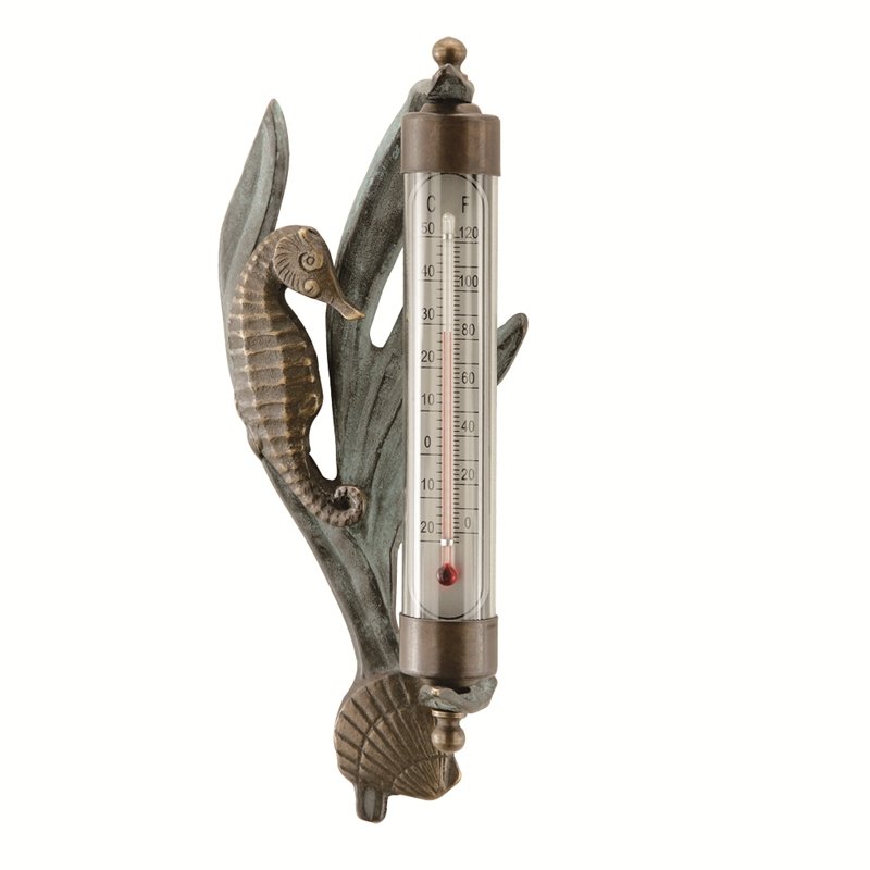 SEAHORSE WALL MOUNTED THERMOME: Seahorse Wall Mounted Thermome - Weight: 0.7 Lbs - Size: 8.5"H 3.5"W 2.5"D - Material: BRASS