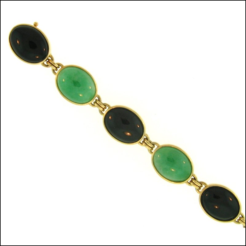 NATURAL GREEN BLACK MIX JADE BRACELET: This Is A-one-of-a-kind - Natural Green Black Mix Jade Bracelet - Metal: Yellow Gold Karat: 14k Stone Size: 16x12 Details: Jump Ring Spacers - This Is Guaranteed Grade A Jade (jadeite)