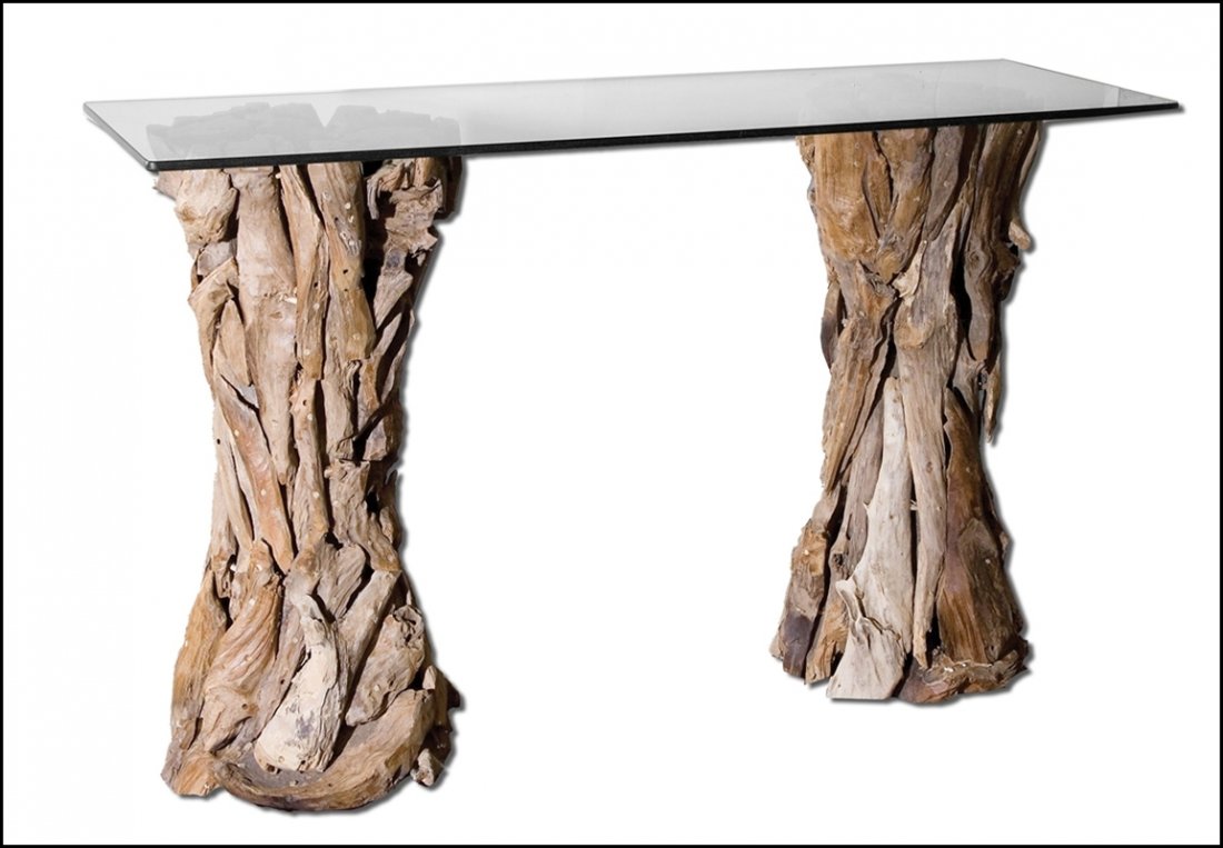 TEAK ROOT GLASS TOP CONSOLE TABLE: Teak Root Glass Top Console Table - Material: Teak Wood With Glass - Overall Depth: 17.7 Inches - Overall Width: 54 Inches - Overall Height: 33.5 Inches - Weight: 202 Lbs. - Description: Natural, Unfi