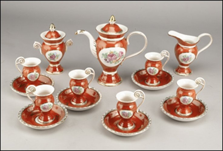 ORANGE PORCELAIN TEA SET WITH ROSE IMAGE (15PC) -: ORANGE PORCELAIN TEA SET WITH ROSE IMAGE (15PC) - DIMENSIONS: 8.50H 8.00W 3.50D