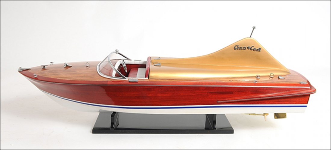 CHRIS CRAFT COBRA: Chris Craft Cobra - Length: 33" x Width: 10.5" x Height: 10" - This fun speed boat is from the era of big fins and wings. The sporty Cobra model is hand-crafted from strips of hard wood, planks on fra