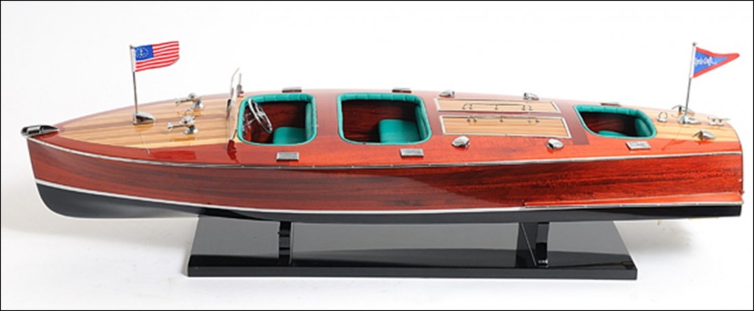 CHRIS CRAFT TRIPLE COCKPIT PAINTED: Chris Craft Triple Cockpit Painted - Length: 32" x Width: 9" x Height: 8.5" - This is a beautiful 100% handcrafted mahogany Chris Craft model. Painted in the true color of the boat. It take hundreds o