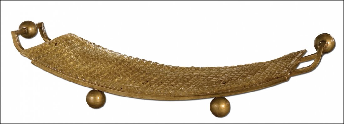 ETRO GOLDEN GLASS TRAY: Etro Golden Glass Tray - Material: Metal & Glass - Overall Depth: 12 Inches - Overall Width: 33.5 Inches - Overall Height: 8 Inches - Weight: 18 Lbs. - Description: Hand Shaped Art Glass With A Golden