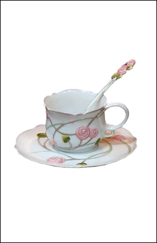 ROSE COFFEE CUP SET WITH SPOON: Rose Coffee Cup Set With Spoon - Material - Fine Porcelain - Size - (l) 5 1/4