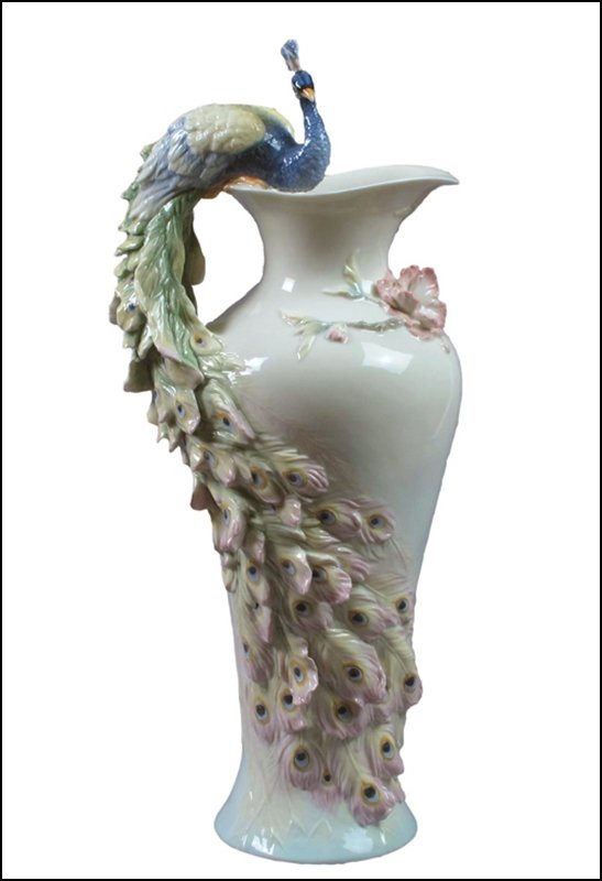 PRUNUS & PEACOCK VASE: Prunus & Peacock Vase - Material - Fine Porcelain - Size - (h) 16 7/8