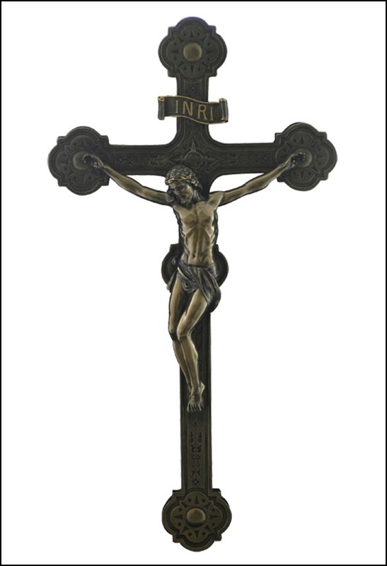 CATHEDRAL STYLE CRUCIFIX WALL PLAQUE - BRONZE: Cathedral Style Crucifix Wall Plaque - Material - Cold Cast Bronze - Size - 20 1/2