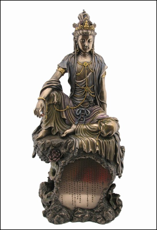 GUAN YIN WITH HEART SUTRA - BRONZE: Guan Yin With Heart Sutra - Material - Cold Cast Bronze - Size - 16 1/8
