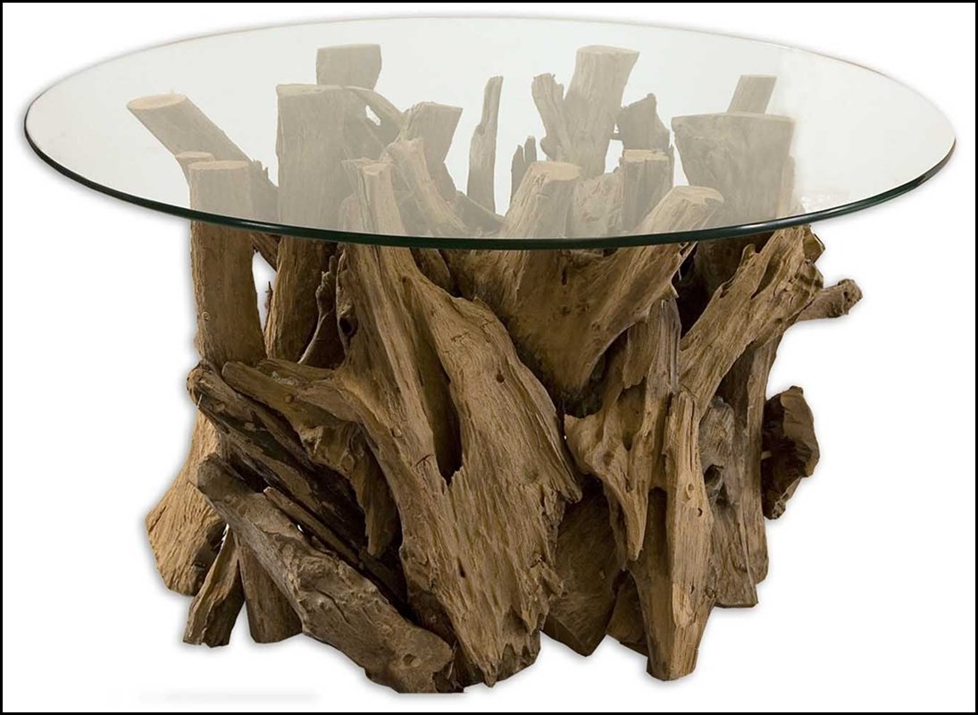 DRIFTWOOD GLASS TOP COCKTAIL TABLE: Driftwood Glass Top Cocktail Table - Material: Wood & Glass - Overall Depth: 36 Inches - Overall Width: 36 Inches - Overall Height: 20 Inches - Weight: 125 Lbs. - Description: Natural, Unfinished Teak