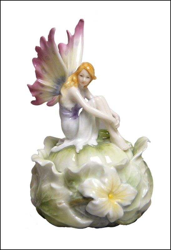 FAIRY ON GREEN SQUASH TRINKET BOX: Fairy On Green Squash Trinket Box - Material - Fine Porcelain - Size - (h) 5 7/8