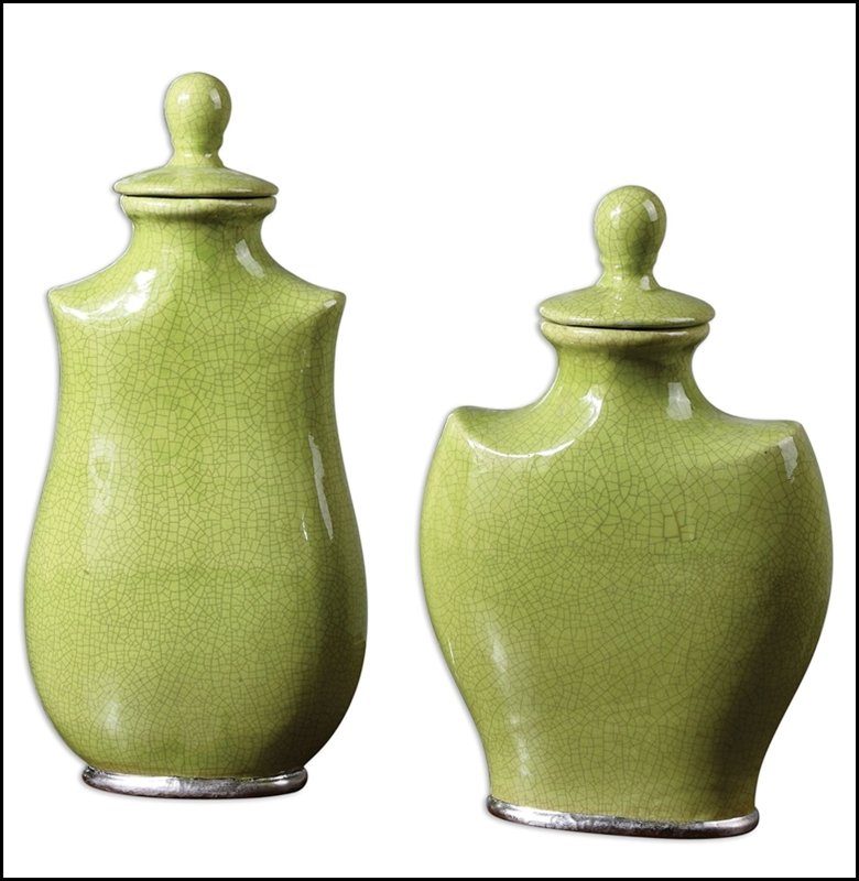 IRWYN CONTAINERS SET/2: Irwyn Containers Set/2 - Material: CERAMIC - Overall Depth: 5 Inches - Overall Width: 8.5 Inches - Overall Height: 18 Inches - Weight: 10 Lbs. - Description: Crackled, Bright Green Ceramic With Metall